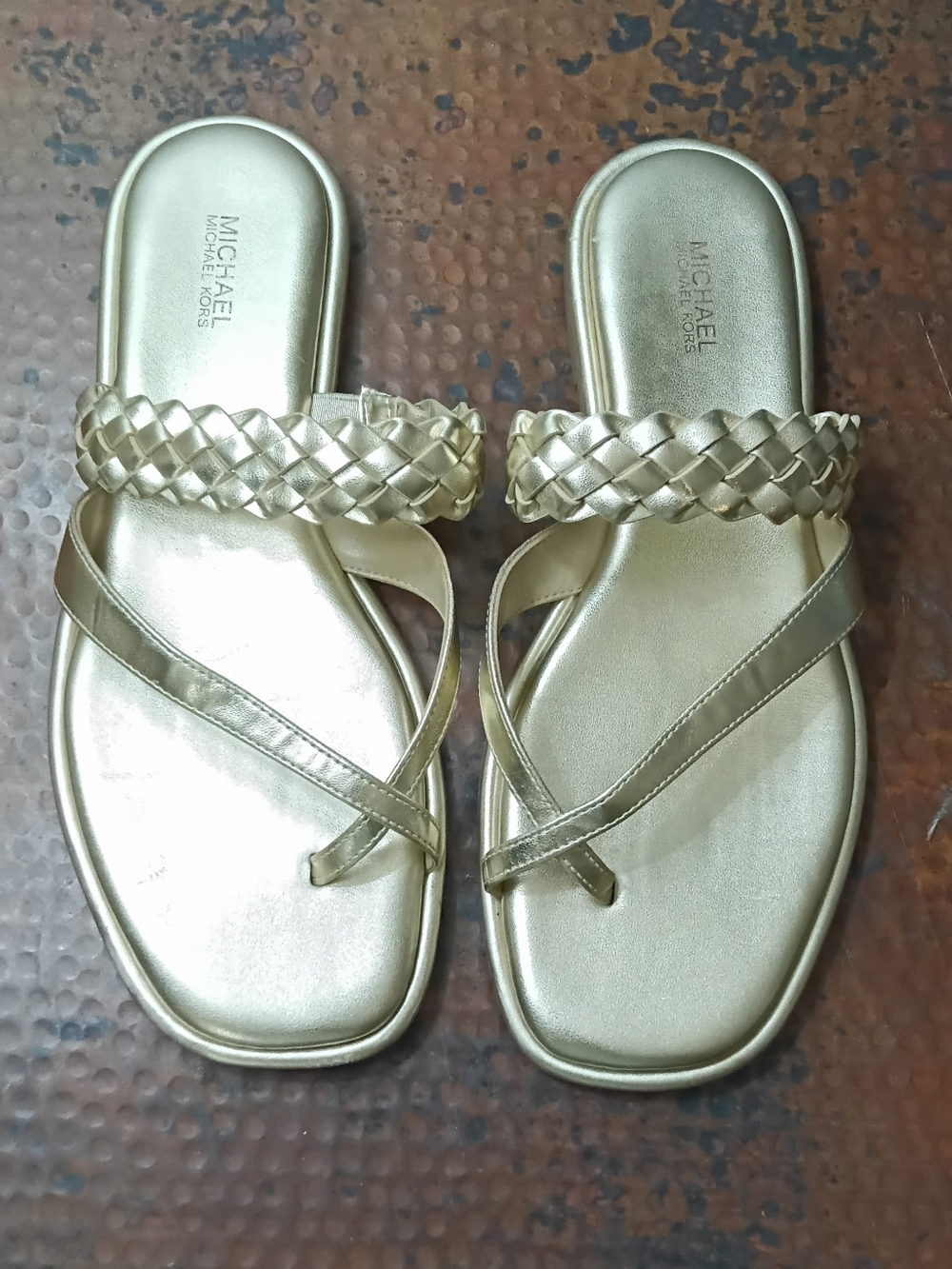 MICHAEL Michael Kors Sz. 9 Pale Gold Alba Metallic Braided Slide Flat Sandal - Picture 4 of 14